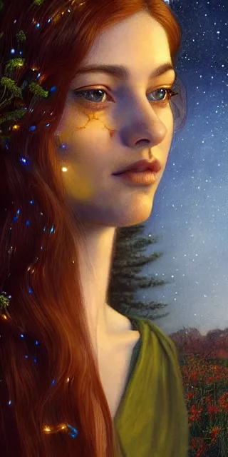 Image similar to an amazed young woman surrounded by golden firefly lights in a mesmerizing scene, sitting amidst nature fully covered, long loose red hair, precise linework, accurate green eyes, small nose with freckles, smooth oval shape face, empathic, bright smile, expressive emotions, hyper realistic ultrafine portrait by artemisia gentileschi, jessica rossier, artgerm