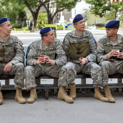 Image similar to a group of military solders sitting at the cafe and drinking coffee