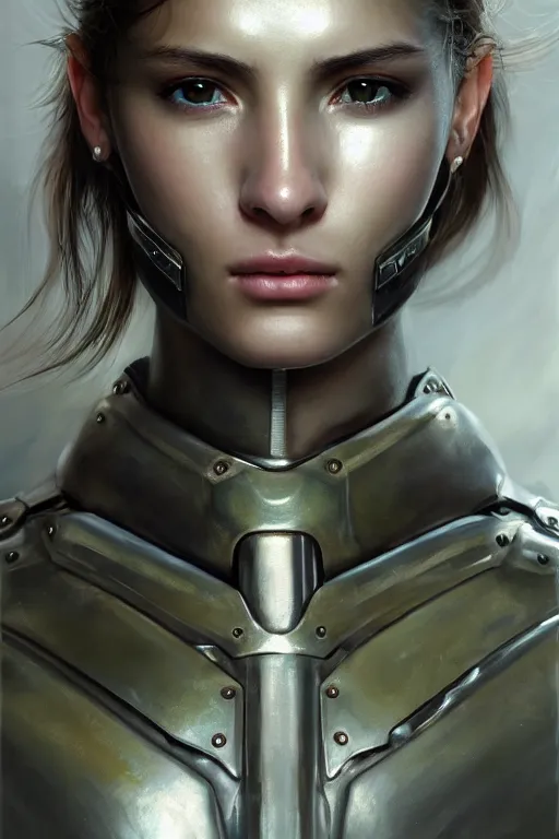 Image similar to a photorealistic painted portrait of an attractive young girl, partially clothed in dull metal-plated battle armor, olive skin, long dark hair, beautiful bone structure, symmetric facial features, photorealistic eyes, natural physique, intricate, elegant, digital painting, concept art, finely detailed, beautifully illustrated, sharp focus, minimal artifacts, from Metal Gear, by Ruan Jia and Mandy Jurgens and Artgerm and William-Adolphe Bouguerea, in the style of Greg Rutkowski, trending on Artstation, award winning