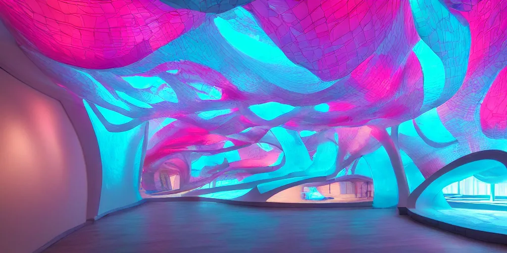 Image similar to extremely detailed awe stunning beautiful futuristic smooth curvilinear museum interior, translucent gills, hyper real, 8k, colorful, 3D cinematic volumetric light, atmospheric light