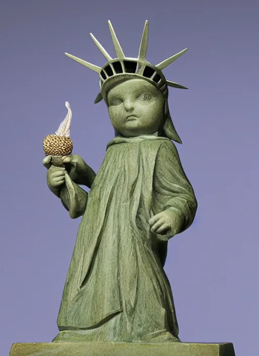 Image similar to A marble statue of squirrel standing in a pose of Statue of Liberty, holding an acorn, museum photo