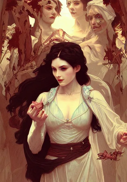 Prompt: snow white zombie apocalypse mummy and demons, intricate, elegant, highly detailed, digital painting, artstation, concept art, smooth, sharp focus, illustration, art by artgerm and greg rutkowski and alphonse mucha and william - adolphe bouguereau