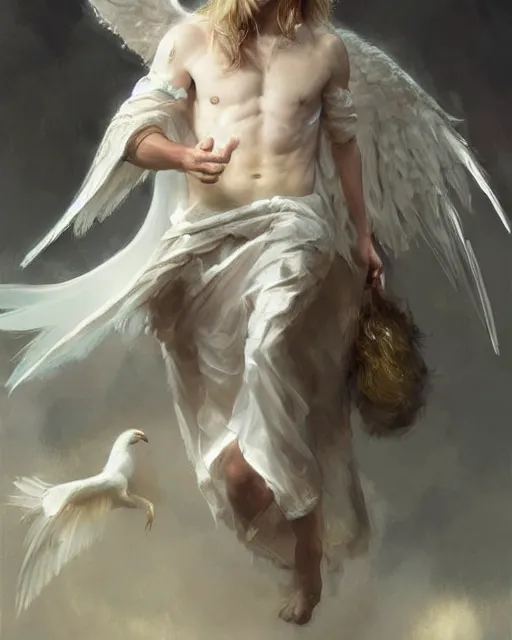 Image similar to messi, the one - winged!!!!!!! angel, male!!!!!!!, long white hair, by daniel gerhartz, trending on artstation