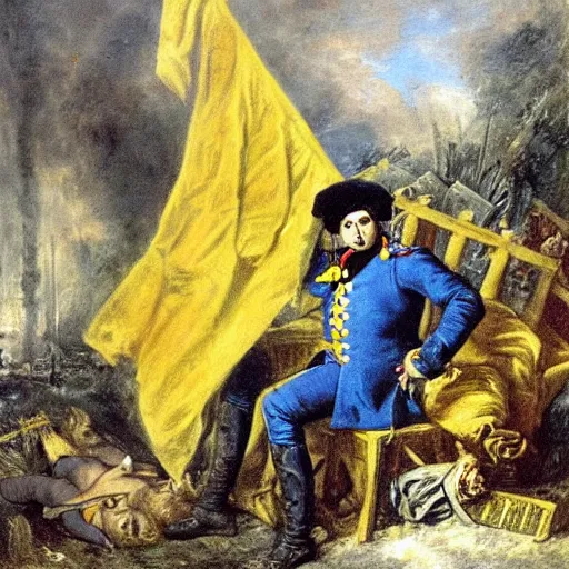 Prompt: Volodymyr Zelensky at war, dressed like Napoleon Bonaparte, sitting on the ground between dead corpses and weeping, holding a half burnt blue and yellow flag of Ukraine, in the style of Peter Paul Rubens