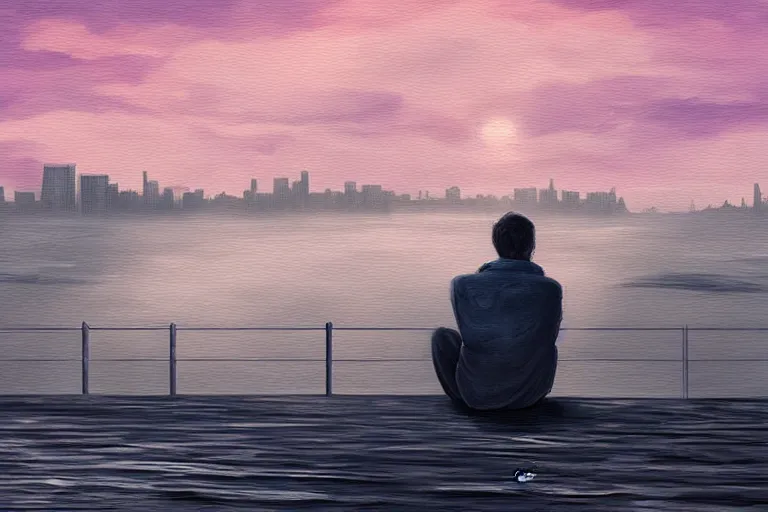 Image similar to A man sitting on a jetty, city in the background, cinematic lighting, Digital Painting