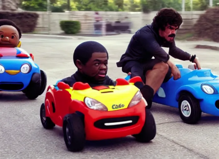 Image similar to peter dinklage racing gary coleman driving a little tikes cars, movie still, from the new fast and furious movie, 8 k, realistic