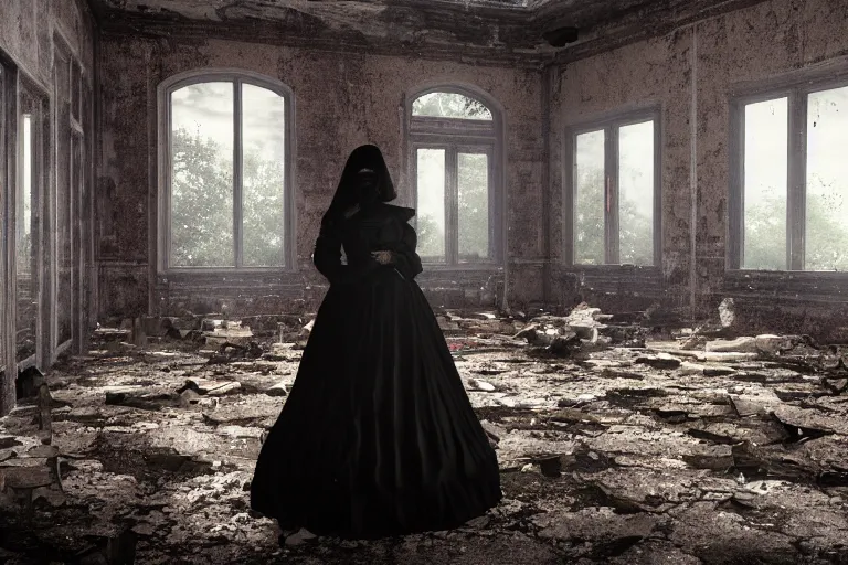 Prompt: A ghostly woman in a long, black victorian dress, standing in the middle of a ruined, abandoned, polish mansion kitchen, seen from inside. Pitch black darkness, A strong red keylight is the only lightsource. Smoke. Dirt, leaves on ground. Octane render. Substance painter. Zbrush. Trending on artstation. 8K. Highly detailed.