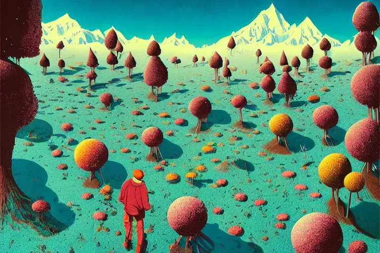 Image similar to surreal glimpse into other universe, himalaya with snow ice cream, summer morning, very coherent and colorful high contrast, art by!!!! gediminas pranckevicius!!!!, geof darrow, floralpunk screen printing woodblock, dark shadows, hard lighting, stipple brush technique,