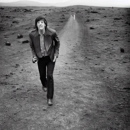 Prompt: paul mccartney walking around in a wasteland