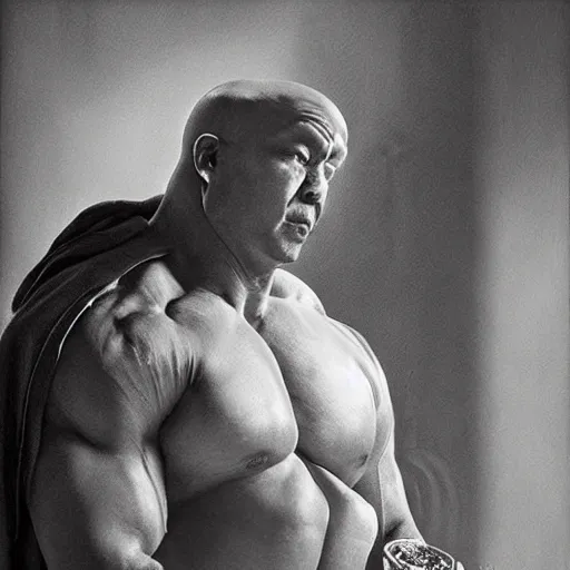 Image similar to bodybuilder bull wearing a monk robes holding incense burner. natural lighting by ruan jia, portrait