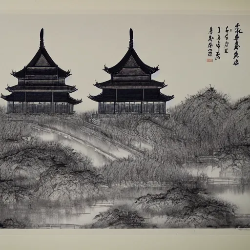 Image similar to taiyuan twin pagodas, chinese ink painting, monochrome,