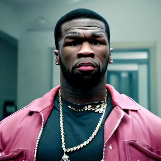 Image similar to a cinematic film still of 50 Cent starring as Mike Tyson, portrait, 40mm lens, shallow depth of field, close up, split lighting, cinematic