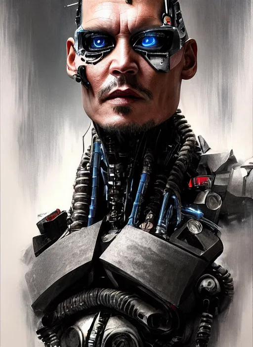 Image similar to johnny depp as victor stone, full body concept, cyborg, borg, strogg, face of a man, terminator, flesh, quake strogg, doom demon, wolfenstein, monstrous, powerful, symmetry, symmetrical, concept art by ruan jia and greg rutkowski