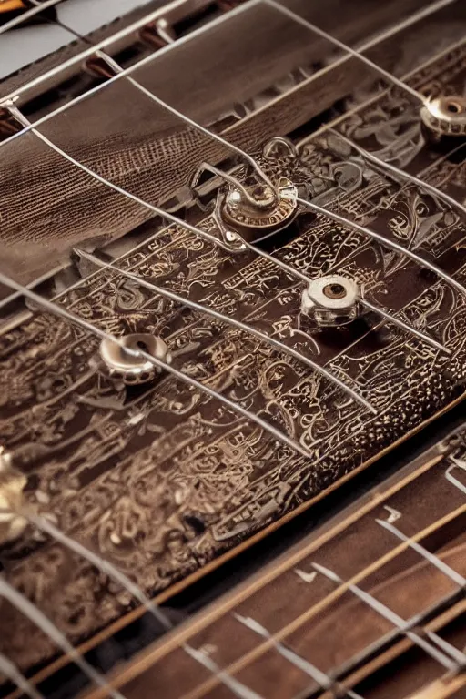 Prompt: up close steampunk fretboard without strings