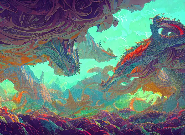 Image similar to psychedelic concept art of a dragon landscape made of thousands of dragons, cel shaded, in the style of makoto shinkai and moebius and peter mohrbacher and anton fadeev