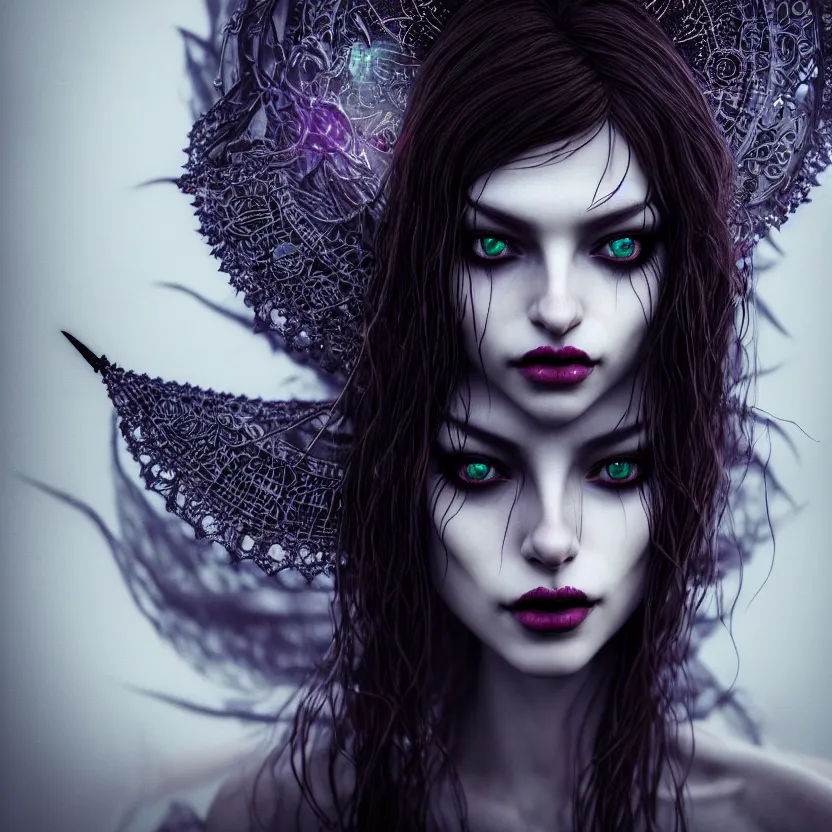 Image similar to single faced portrait of enchanting femenine witch, hyper attractive, seductive, very complex, hyper - maximalist, overdetailed, legendary cinematic, darkfantasy, archetype with timeless beauty breathtaking eyes, highly intricate, realism, perspicious detail, silent hill aesthetic, photorealistic, lifelike, dslr 8 k, unbeatable coherency, octane render