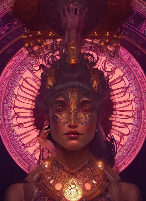 Prompt: Divine cosmic female power, glyphs, magic, artstation, high contrast, dramatic lighting, cgsociety, symmetrical, very detailed, intricate, detailed illustration, by artgerm and greg rutkowski and alphonse mucha, octane render, unreal engine, hyperrealism