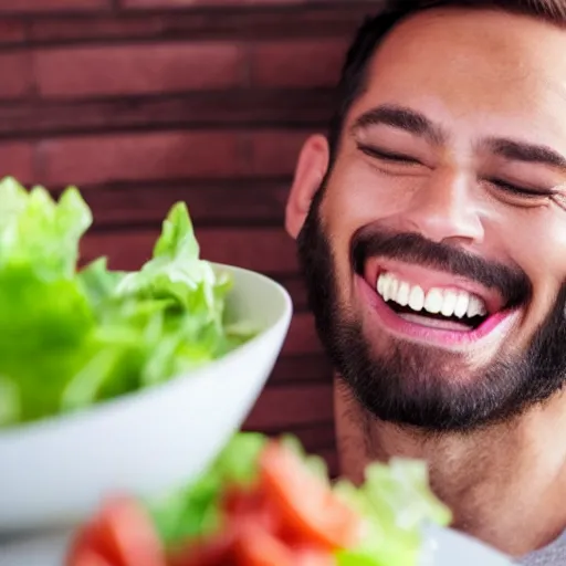 Prompt: a stock photo of a man laughing while eating salad,photorealistoc,4k,detailed face