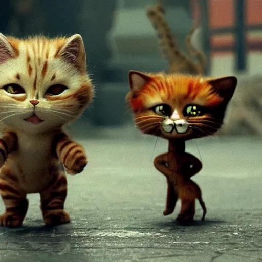 Prompt: a cinematic fill still from a 2015 movie where anthropomorphic cats battle with aliens, in the style of Quentin Tarantino, shallow depth of focus