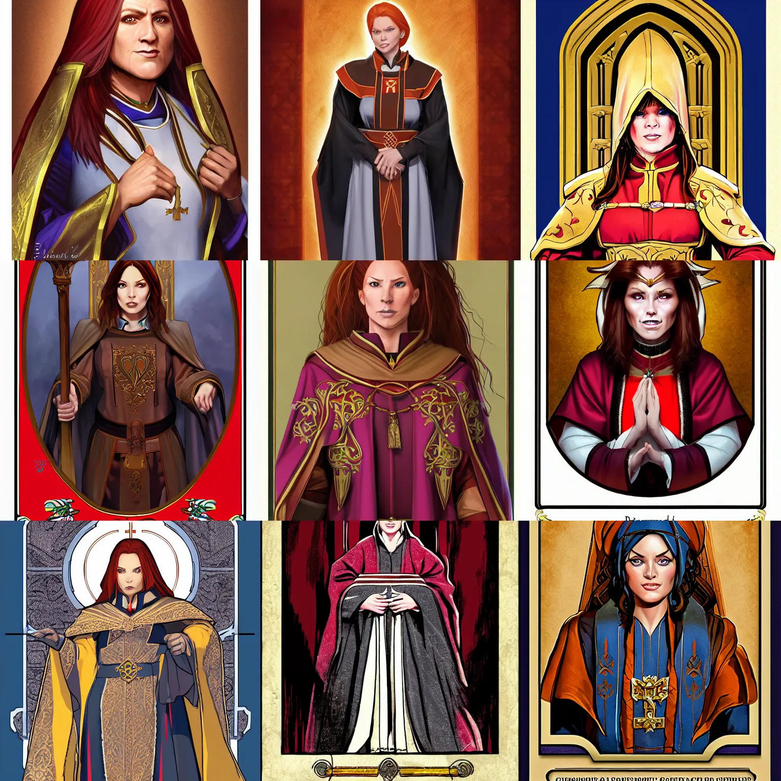 Prompt: symmetrical portrait of a stocky redheaded woman in clerical vestments , iconic character art by Wayne Reynolds for Paizo Pathfinder RPG