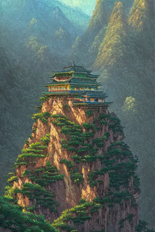 Image similar to a beautiful hyperdetailed illustration of absolutely beautiful laojun mountain, from china, perfectly shaded, atmospheric lighting, style of studio ghibli, makoto shinkai, raphael lacoste, louis comfort tiffany, artgerm, james jean, victo ngai, ross tran, chinese style