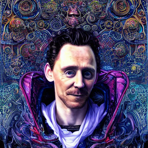 Image similar to portrait of tom hiddleston, hyper detailed masterpiece, neon floral pattern, jean giraud, digital art painting, darkwave goth aesthetic, psychedelic, artgerm, donato giancola and tom bagshaw