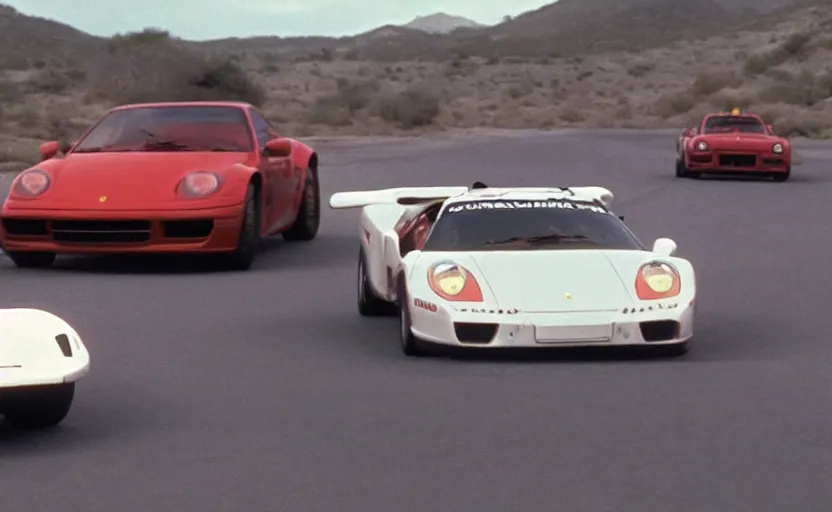 Image similar to film still of a Ferrari and a Porsche drifting in the Cannonball Run movie, 4k