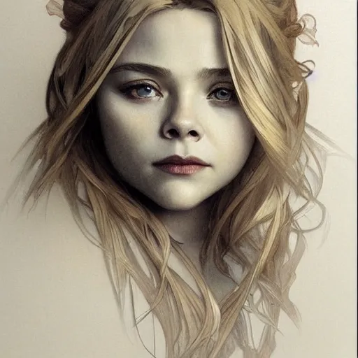 Image similar to beautiful lifelike award winning pencil illustration of chloe grace moretz trending on art station artgerm greg rutkowski alphonse mucha museum quality cinematic atmospheric