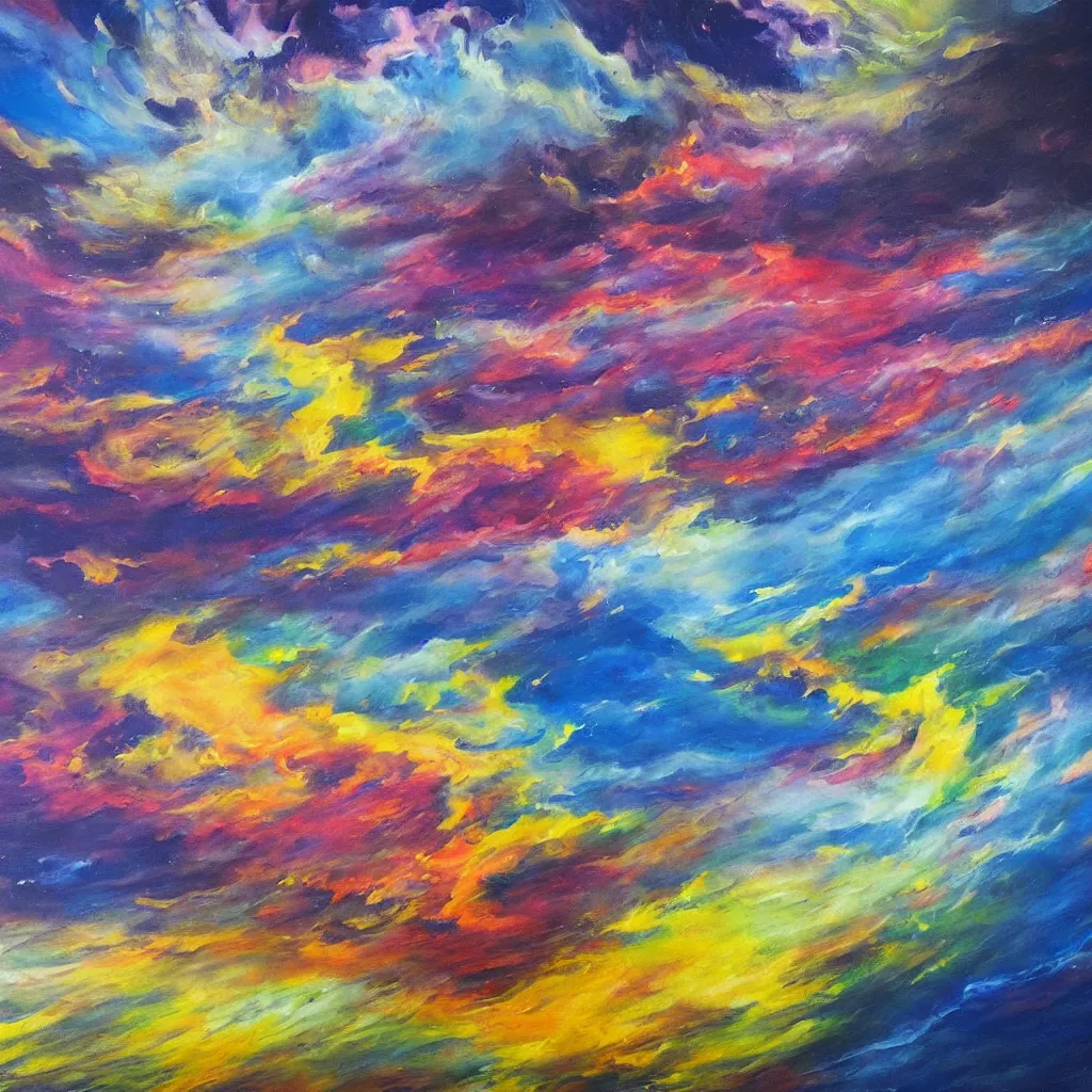 Image similar to large different coloured clouds painted in 2 inch thick!!! impasto shiny dripping oil paint