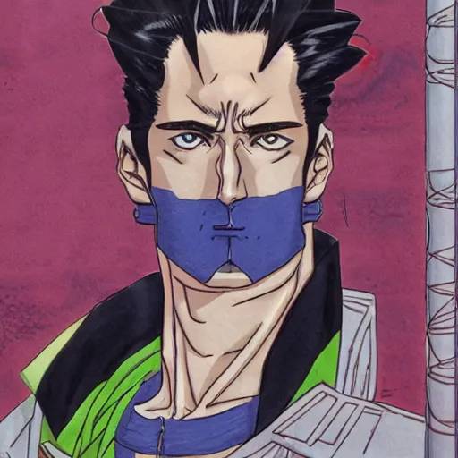 Prompt: Gigachad portrait by Hirohiko Araki, anime by Hirohiko Araki