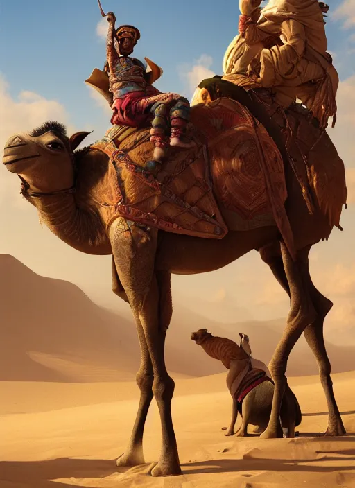 Image similar to portrait of a goblin as an arab riding a camel, trending in artstation, cinematic lighting, studio quality, smooth render, unreal engine 5 rendered, octane rendered, art style by klimt and nixeu and ian sprigger and wlop and krenz cushart.