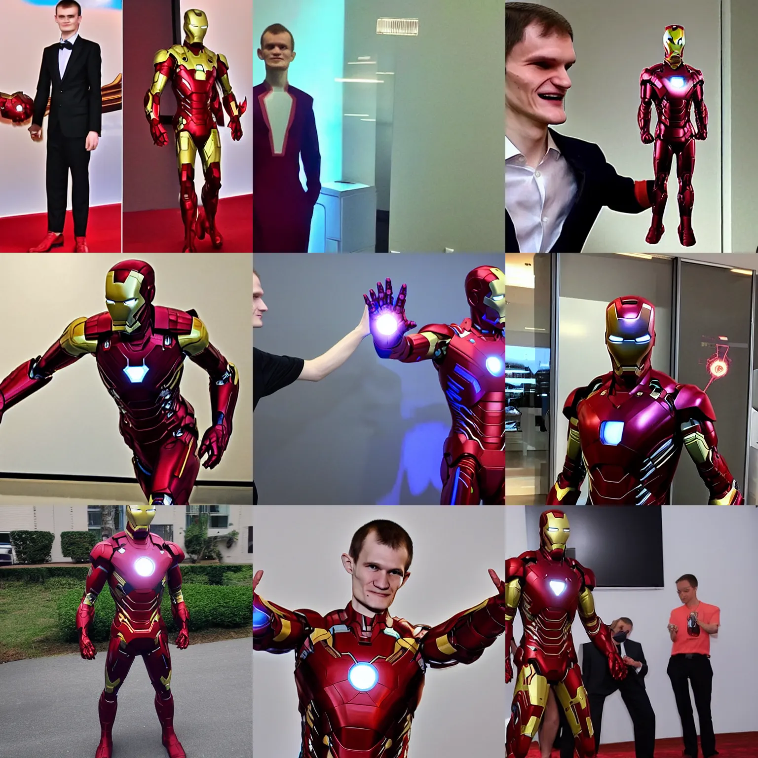 Prompt: <photo quality=high mode='attention grabbing'>Vitalik Buterin steals iron man's suit</photo>
