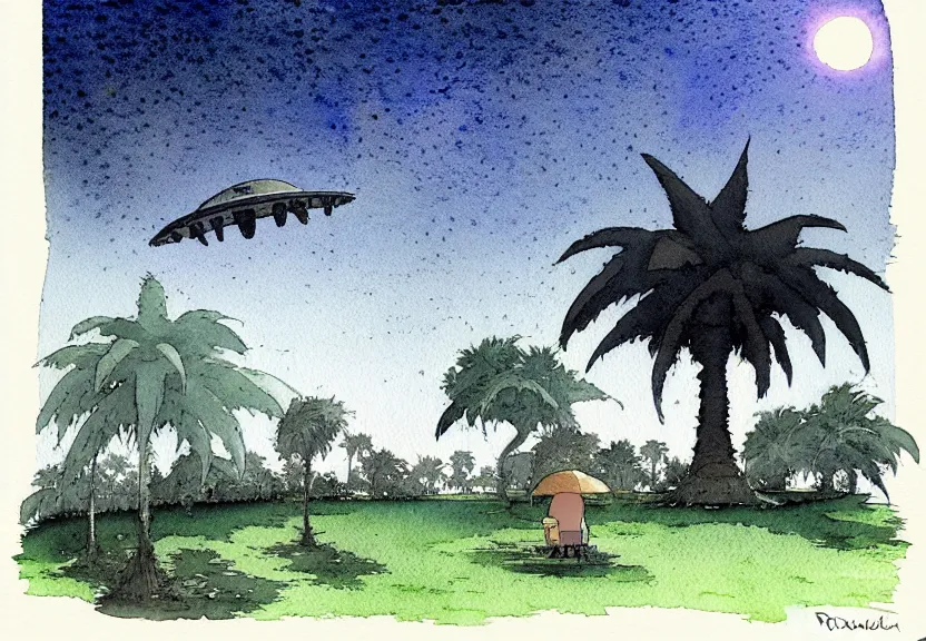 Image similar to a simple watercolor fantasy concept art of a dark grey boxy ufo from independence day ( 1 9 9 6 ) next to a palm tree at night. by studio ghibli, rebecca guay, michael kaluta, charles vess