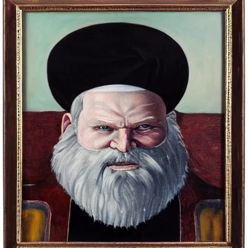 Image similar to Impressive portrait of a Catholic priest with red hair, a white beard, and brilliant silver eyes. Oil on canvas.