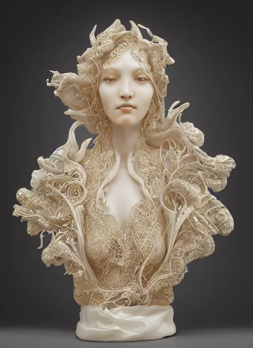 Image similar to marble sculpture of beautiful woman, mandelbulb, hypercube, ivory carving, fractal paisley inlay, lace, intricate, elegant, highly detailed, gold inlay, metallic, ivory, artgerm, lace, by ruan jia, greg rutkowski, mucha, zbrush, nick alm