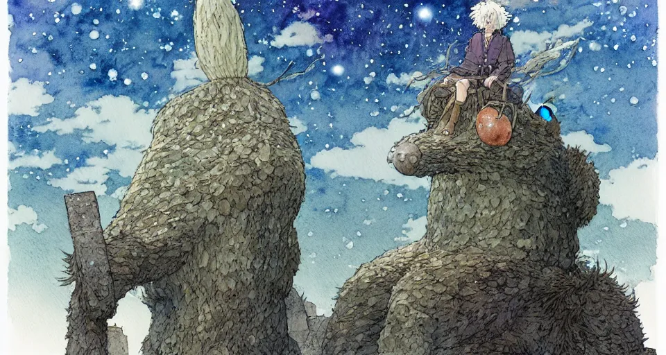 Image similar to hyperrealist studio ghibli watercolor fantasy concept art of a giant from howl's moving castle sitting on stonehenge like a chair. it is a misty starry night. by rebecca guay, michael kaluta, charles vess