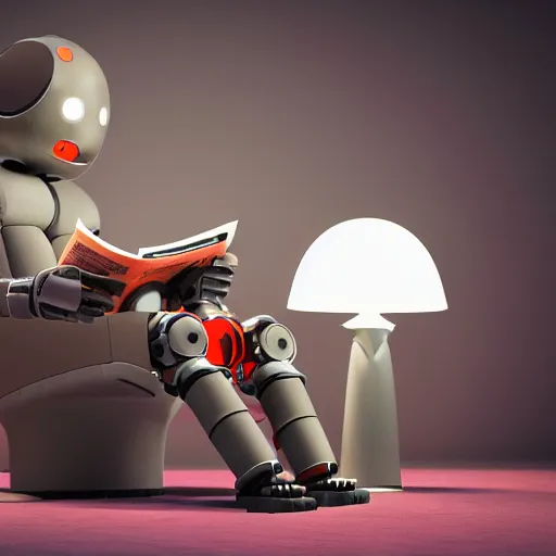 Image similar to futuristic lonely matte brown and red full-body humanoid robot with two huge round expressive sad purple glowing LED eyes and open rectangular mouth sitting on a large comfortable cushioned 1950s vintage recliner reading a newspaper. open newspaper. Cinematic Movie Photograph, Arri Alexa, Extremely Detailed, smooth, very very clean, 8K, octane render, maya render, unreal engine, trending on artstation, DSLR, excellent composition, center frame