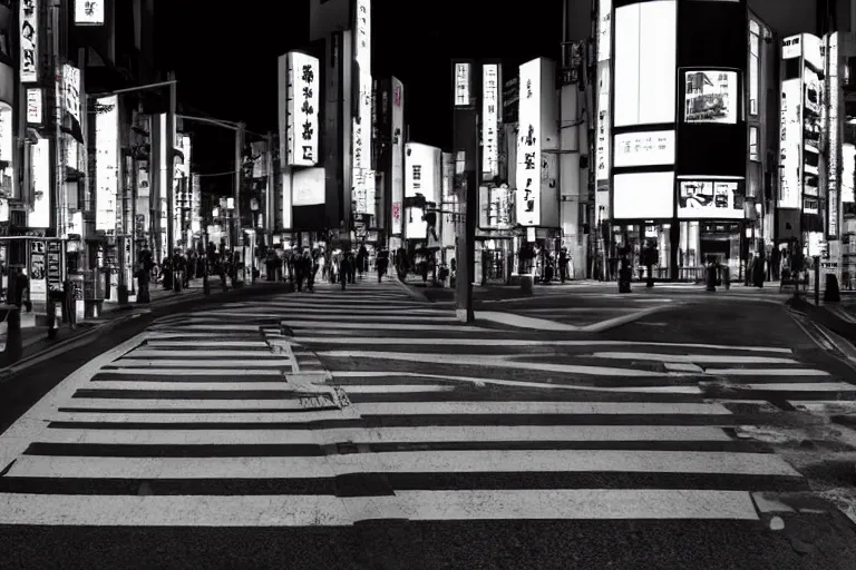 Prompt: still photo of a japanese street crossing, tokyo, black and white color aesthetic, highly detailed, photorealistic portrait, bright studio setting, studio lighting, crisp quality and light reflections, unreal engine 5 quality render