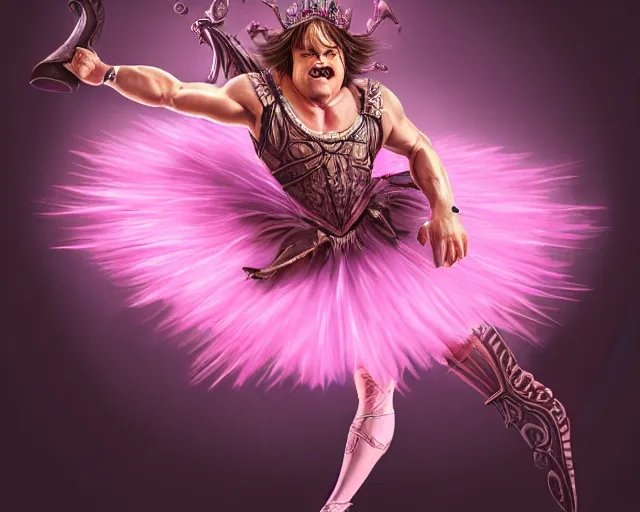 Image similar to photography of jack black dancing in a pink ballerina outfit, full body shot, deep focus, d & d and mtg, fantasy, intricate, elegant, highly detailed, digital painting, artstation, concept art, matte, sharp focus, illustration, hearthstone, art by giger