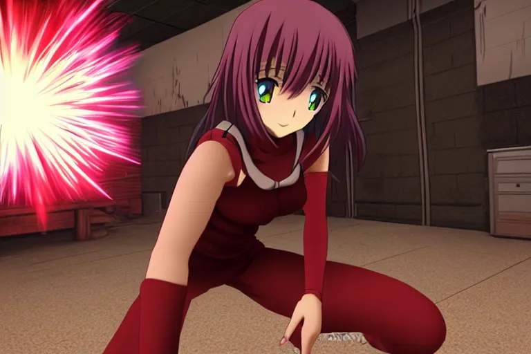 Image similar to an anime girl in a screenshot of the video game doom, the anime girl is crouching