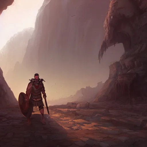 Prompt: 17 year old middle eastern skinned boy standing strong. Goliath, the Giant man stands behind. Cinematic, epic by andreas rocha and john howe, and Martin Johnson