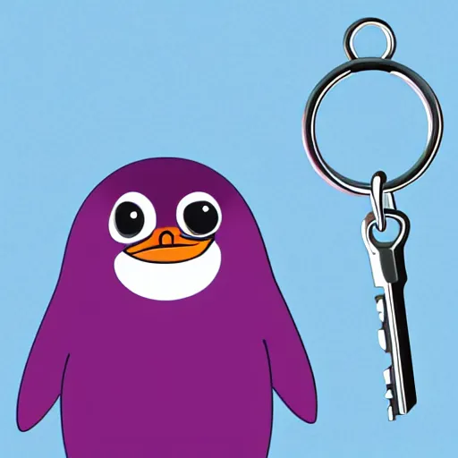 Prompt: penguin with light purple skin color and a happy expression, holding a dark silver antique key. 2 d digital art, cyberpink artstyle, vibrant, 8 k, 4 k of a