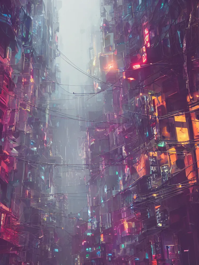 Image similar to futuristic cyberpunk street, hanging cables, narrow, garbage on the ground. rain. fog, haze, evening. led screens. golden hour. volumetric lighting. cables on the ground. very messy. futuristic. photorealistic. artstation. anime. studio gimbli style