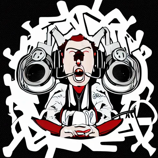 Image similar to svg vector sticker of absolutely insane-mad-scientist-villain, rocking out, wearing headphones, huge speakers, dancing, rave, DJ, spinning records, digital art, amazing composition, rule-of-thirds, award-winning, trending on artstation, featured on deviantart