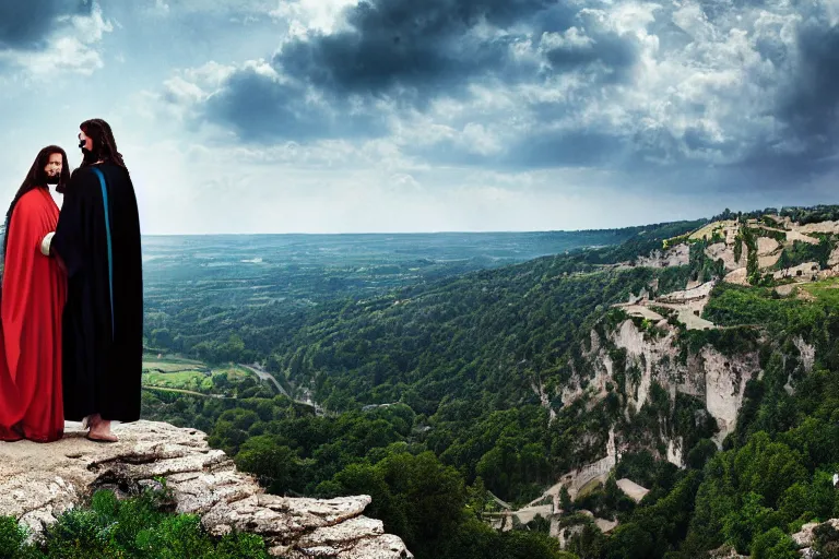 Prompt: a unique digital photo of jesus and mary magdalene standing on a cliff looking over a beautiful landscape in france, rennes - le - chateau, award winning photo, very detailed, very realistic cinematic