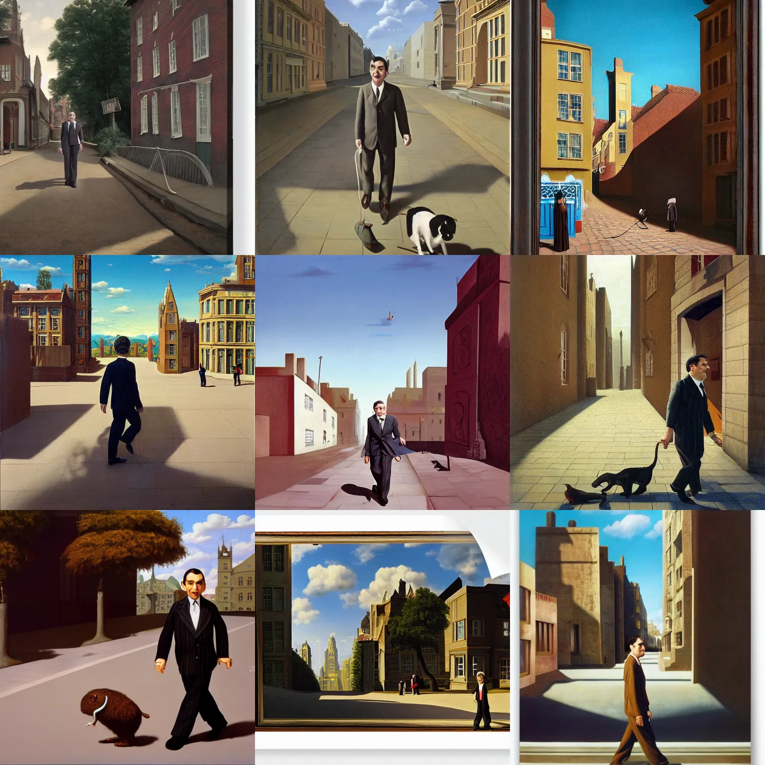Prompt: mr. bean walks down a street on a sunny day by carel willink