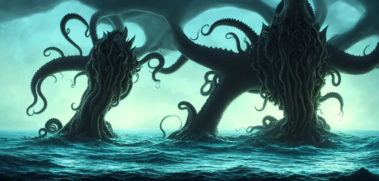 Prompt: mysterious monster cthulhu in the sea, huge tentacles sticking out of the water, landscape, cinematic view, epic sky, detailed, concept art, low angle, high detail, warm lighting, volumetric, godrays, vivid, beautiful, trending on artstation, by jordan grimmer, huge scene, grass, art greg rutkowski