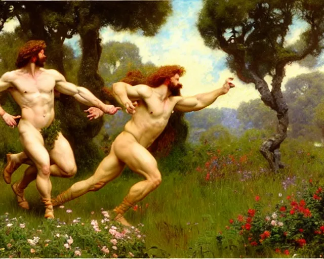 Image similar to hercules and achilles frolic in a meadow of beautiful flowers, large topiary and marble pillars in the background, painting by gaston bussiere, craig mullins, j. c. leyendecker, tom of finland