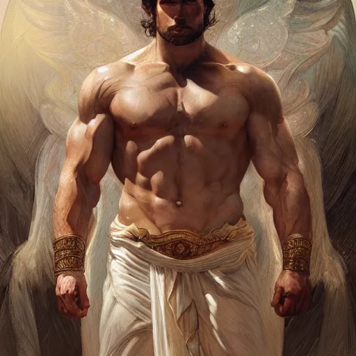 Image similar to henry cavill as a heavenly god, upper body, muscular, fantasy, intricate, elegant, highly detailed, digital painting, artstation, concept art, smooth, sharp focus, illustration, art by artgerm and greg rutkowski and alphonse mucha