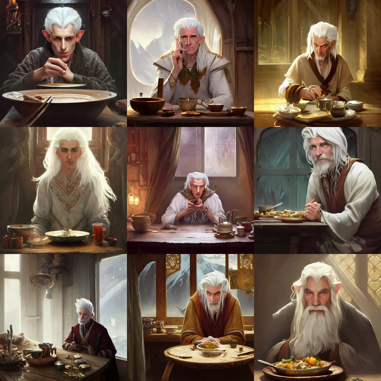 Prompt: a graceful noble high - elf wizard with white hair sitting at a wooden table in a cabin looking sceptically at a bowl of stew, fantasy, highly detailed, digital painting, artstation, concept art, character art, art by greg rutkowski and tyler jacobson and alphonse mucha